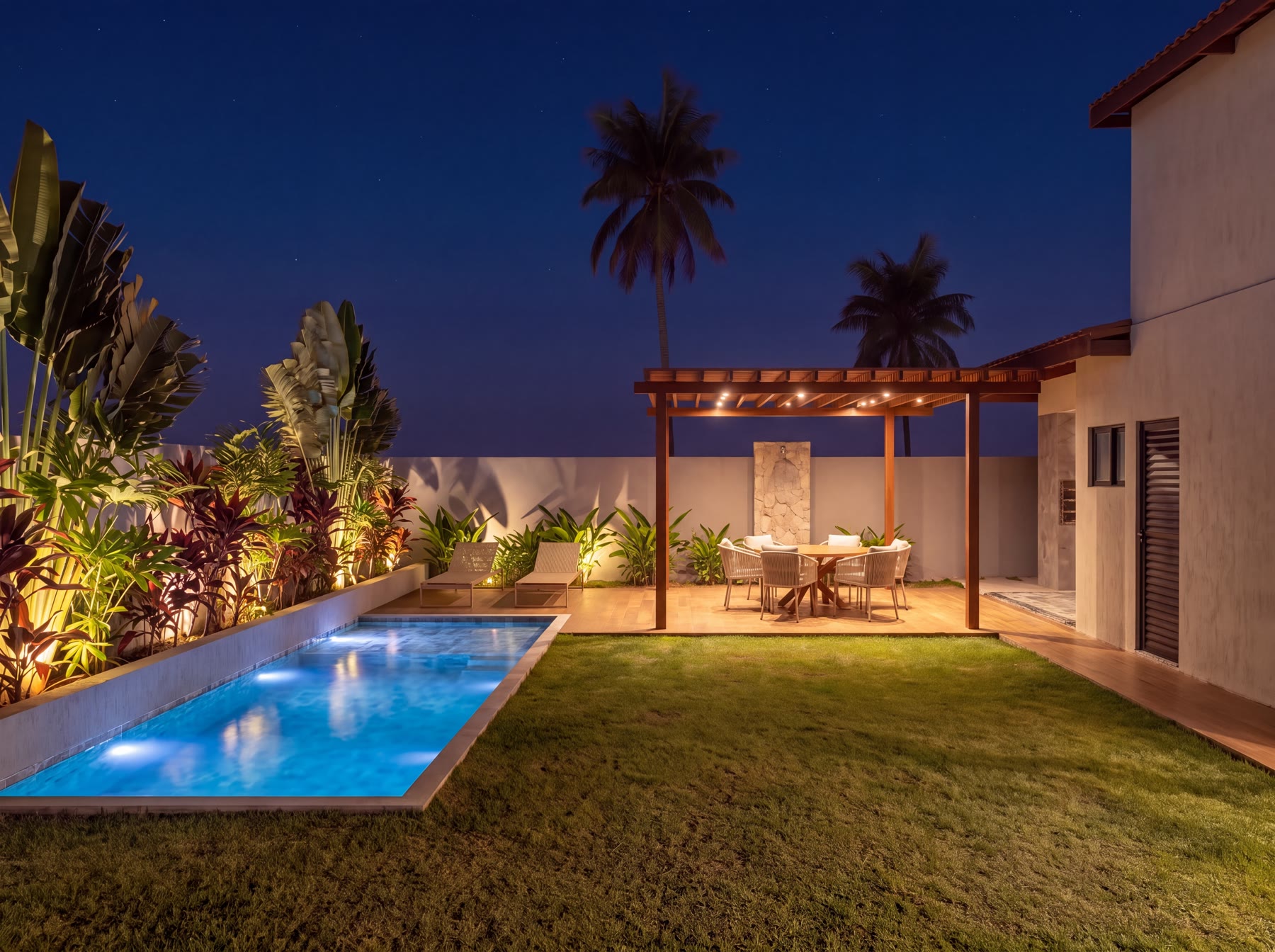 Piscina iluminada à noite entre coqueiros
